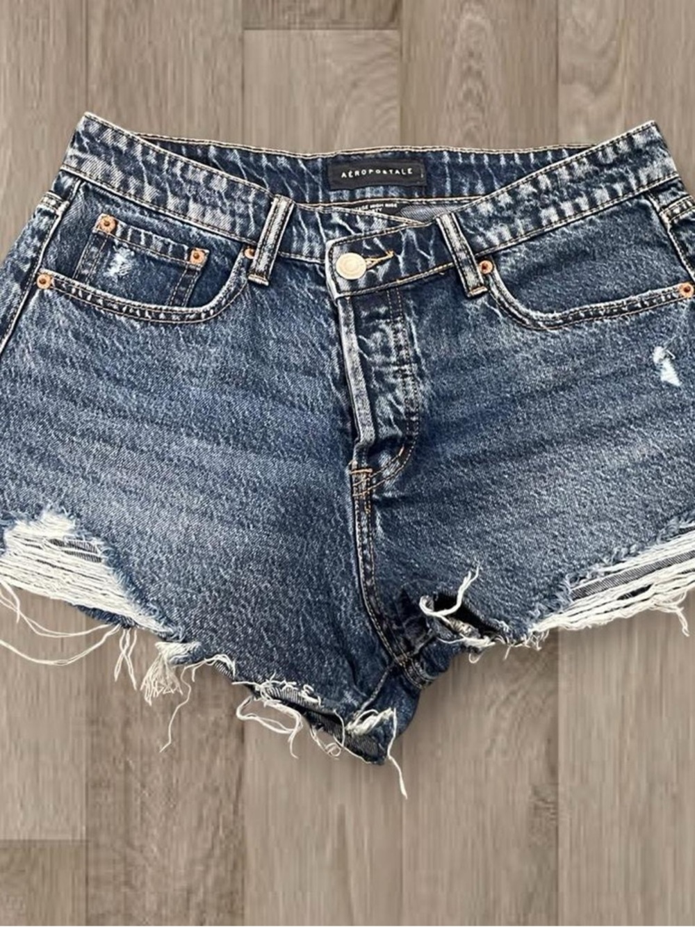 Aeropostale Distressed Dark Blue Button-Front Jean Shorts - Picture 2 of 3